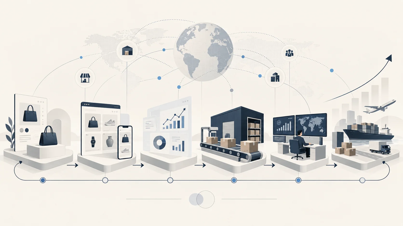 AI-generated illustrative scene: Connected commerce ecosystem illustration.