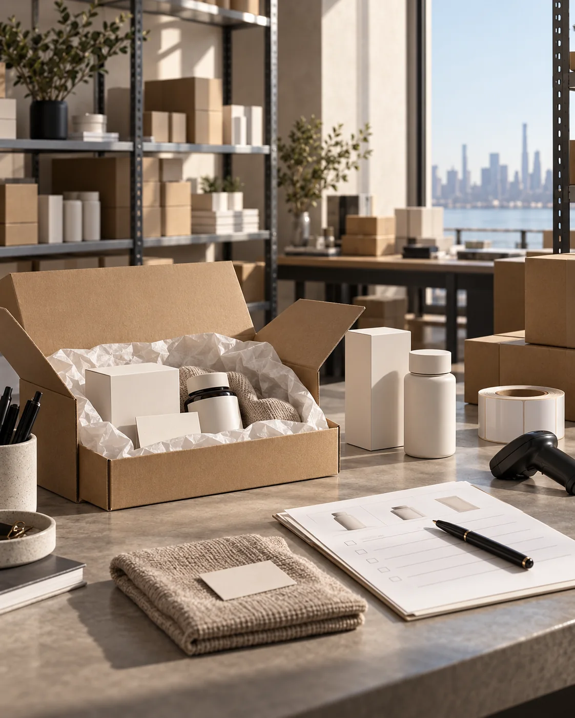 AI-generated illustrative scene: Wellness packaging studio scene.